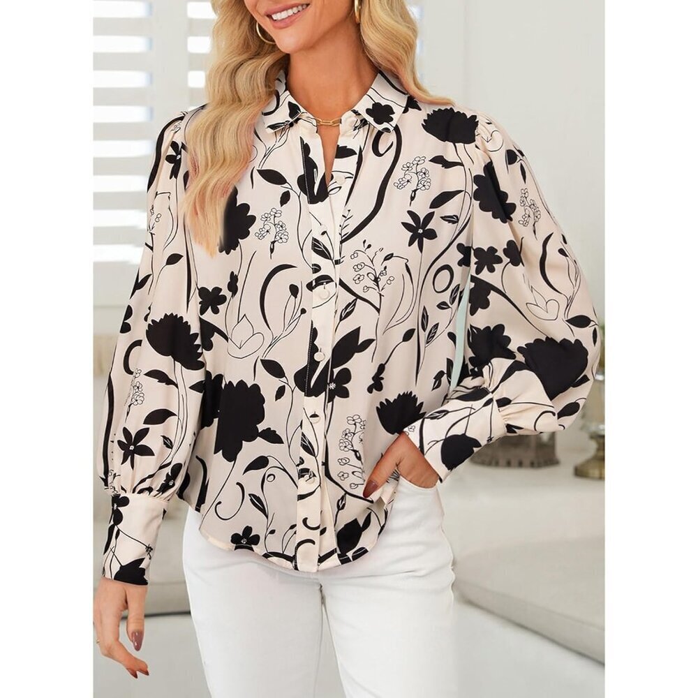 Women's Long Sleeve Button Down Blouse Polyester Floral Plus Size - Picture 3 of 6